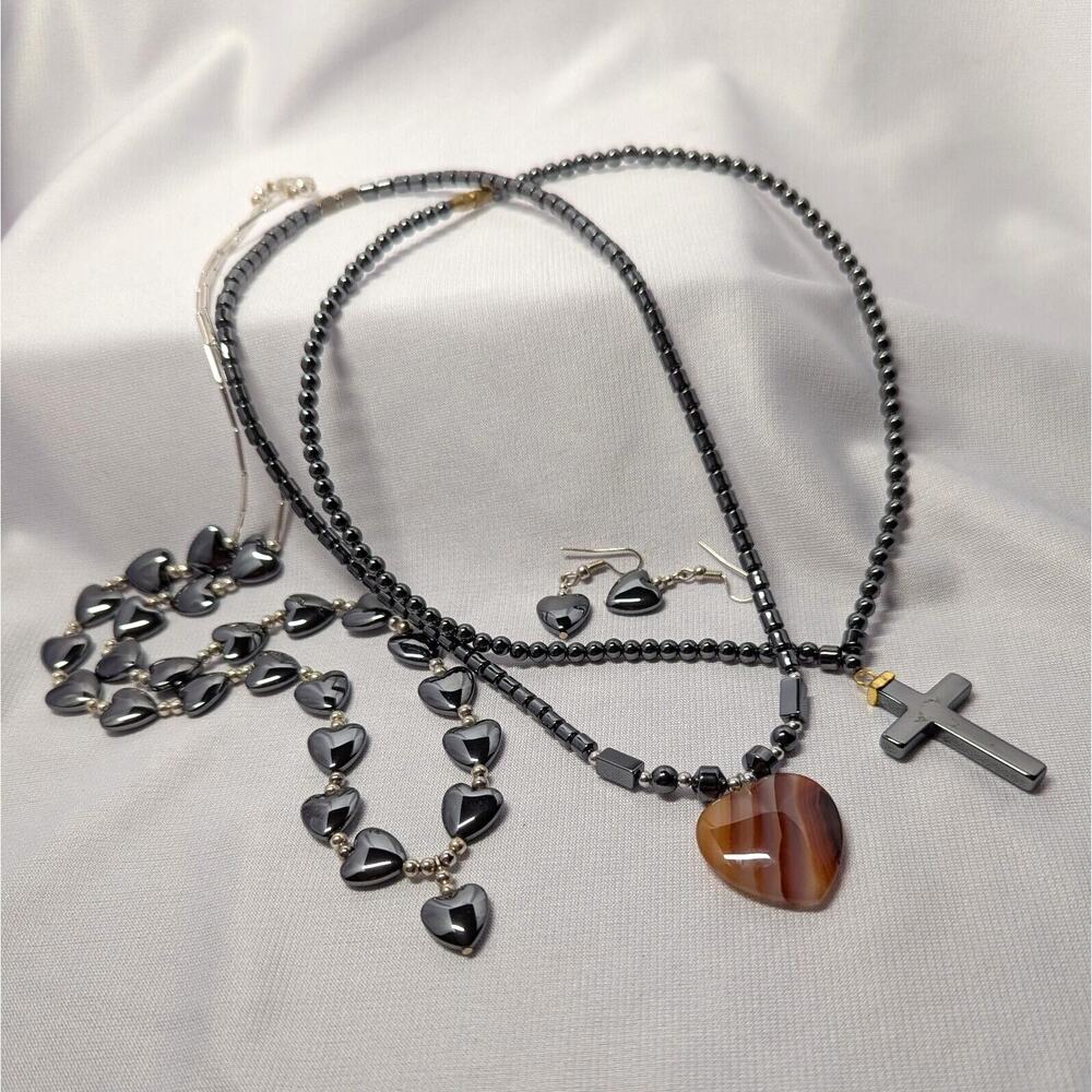 Hematite Necklaces Heart Cross Pendant Heart Earrings Quartz Set Of 4 Items